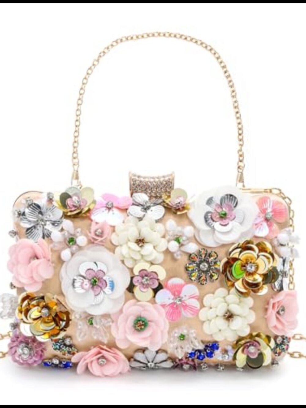 Floral Clutch Evening Bag with 3D Flowers and Beaded Sequins